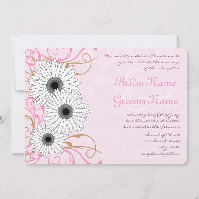 Weiße Daisy auf rosa Damaske Einladung Hochzeit (Vorderseite)