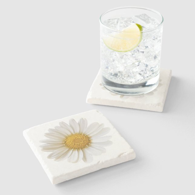 Weiße Daisy auf weißem Hintergrund Steinuntersetzer (Seitenansicht)