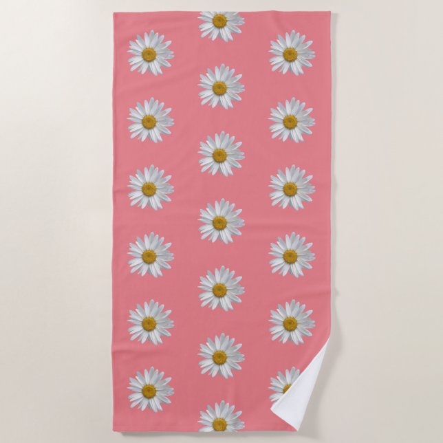 Weiße Daisy Blooms Muster Blumenrosa Strandtuch (Vorderseite)