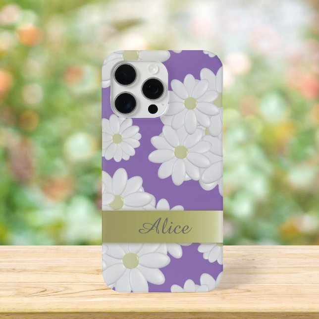 Weiße Daisy-Blume Lila Personalisierte Blüten Case-Mate iPhone Hülle (A cute purple and white daisy phone case with space for your name)