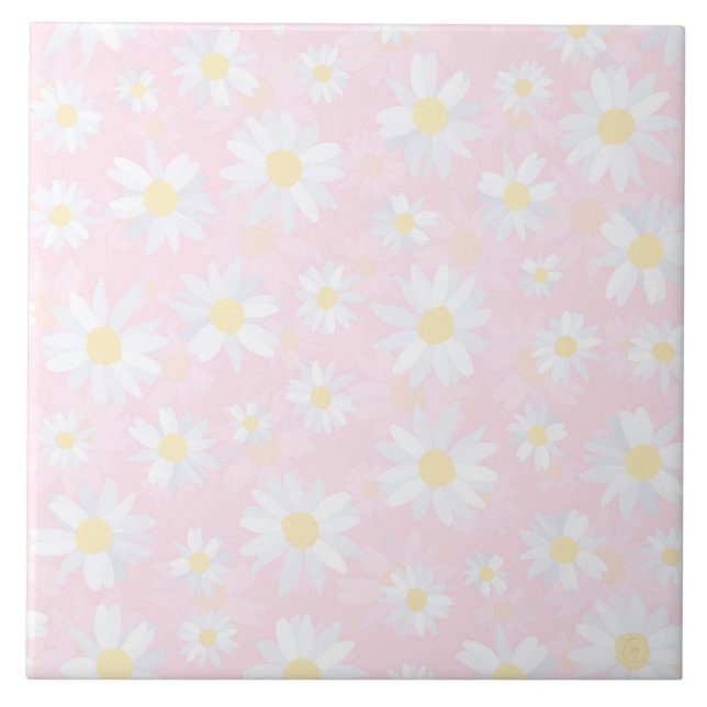 Weiße Daisy-Blume Rosa Bläschen Fliese (Vorderseite)