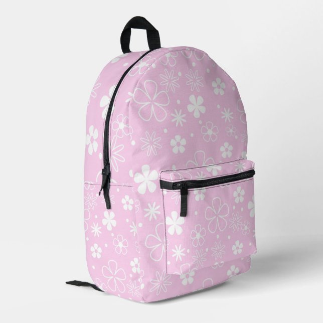 Weiße Daisy Doodles auf rosa Bedruckter Rucksack (Rückseitige Ecke links)