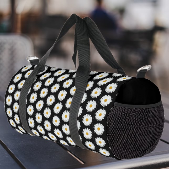 Weiße Daisy-Floral-Muster auf schwarz Duffle Bag (Von Creator hochgeladen)
