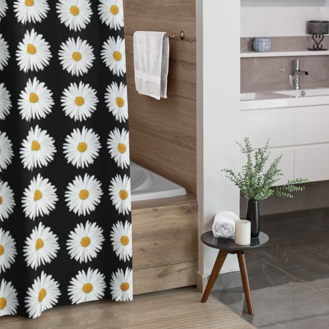 Weiße Daisy-Floral-Muster auf schwarz Duschvorhang (In Situ Bathroom)