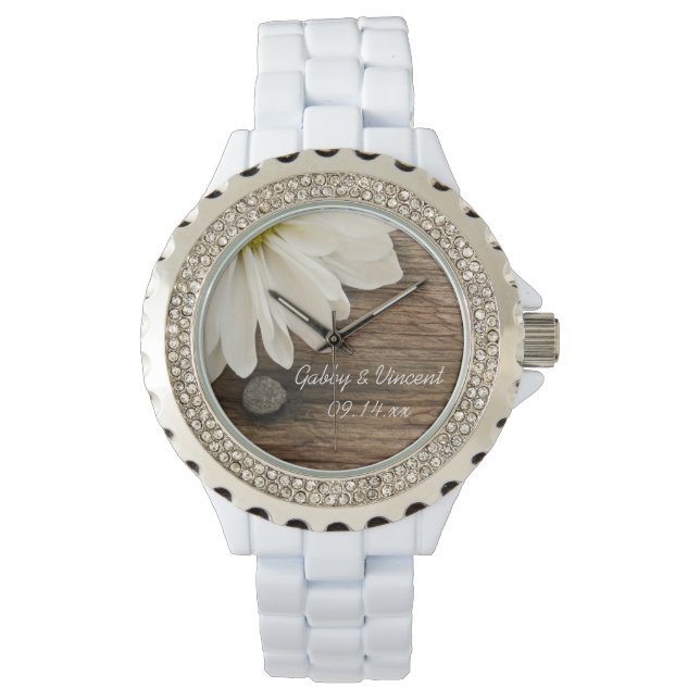 Weiße Daisy- und Braunwaldlandhochzeit Armbanduhr (Vorderseite)