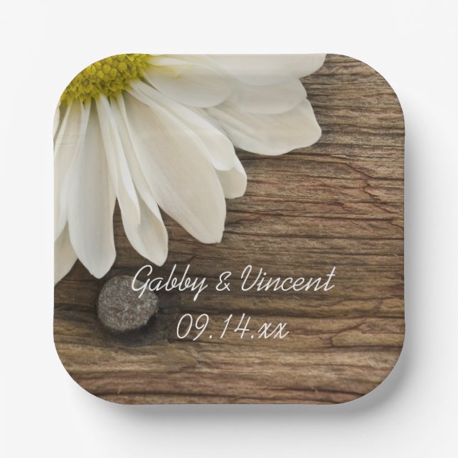 Weiße Daisy- und Braunwaldlandhochzeit Pappteller (Vorderseite)