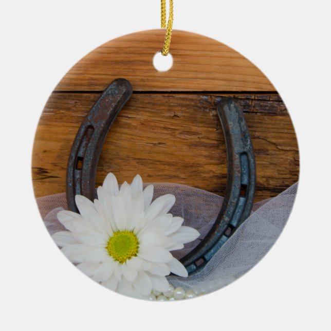 Weiße Daisy- und Hufeisenhochzeit Keramikornament (Vorne)