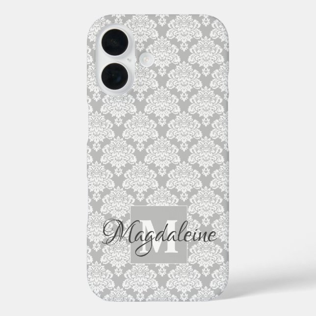 Weiße Damaske auf grauem Monogramm und Hübscher Na iPhone 16 Hülle (Rückseite)