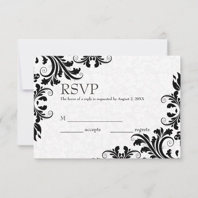 Weiße Damaskus und schwarze Leiste RSVP Karte (Vorderseite)