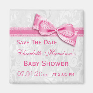 Weiße Damast & rosa Schleife Baby Shower Save The Magnet