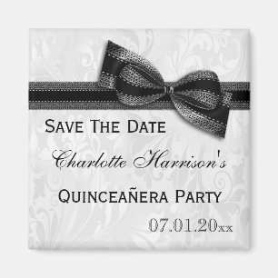 Weiße Damast & Schwarze Schleife Quinceañera Save Magnet