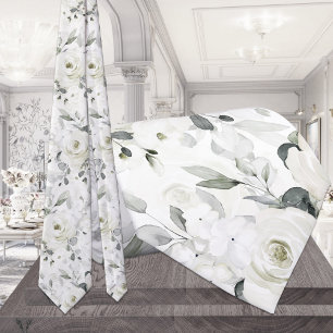 Weiße Desdemona-Rose 2 Silber-Eukalyptus-Hochzeit Krawatte