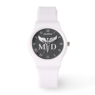 Weiße, detaillierte Caduceus Ärztliche Ärztin MD Armbanduhr