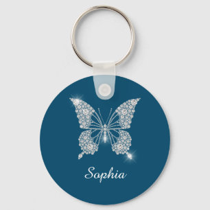 Weiße Diamant-Schmetterling, DIY-Name, Ozeanblau Schlüsselanhänger