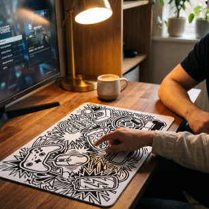 Weiße Doodle-Art-Gaming-Icons Mousepad