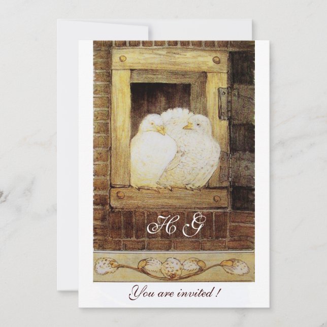 WEISSE DOVEN AN DER FENSTELLE, braun-gelb Einladung (Vorderseite)