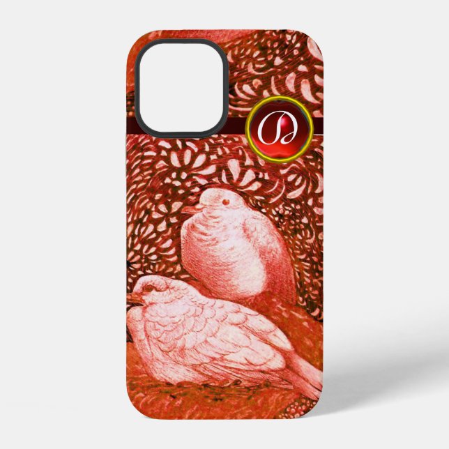 WEISSE DOVEN IM ROTEN RUBY-MONOGRAM iPhone 12 HÜLLE (Rückseite)