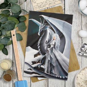 Weiße Drachenfrau Fantasy Aurora Borealis Geschirrtuch