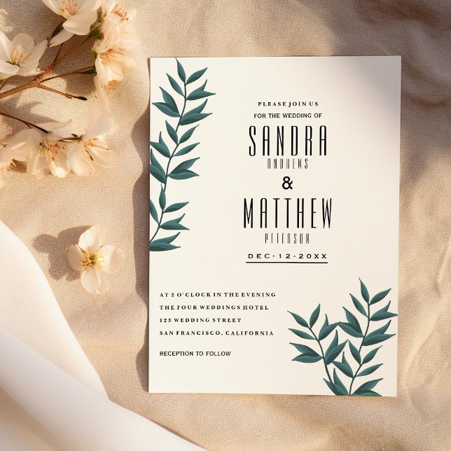 Weiße, dunkelgrüne Aquarellfarben Blätter Hochzeit Einladung (White dark green watercolor leaves floral Wedding )