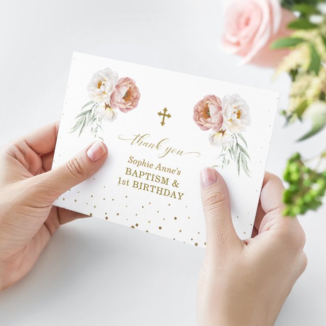 Weiße Dusty-Rose Blumenblume 1. Geburtstag Taufe Dankeskarte (Von Creator hochgeladen)