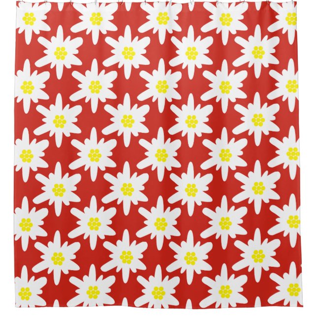 Weiße Edelweiss-Blumenmuster in Rot Duschvorhang (Vorderseite)