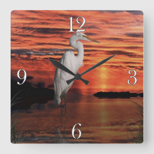 Weiße Egret und Sonnenuntergang Natur Quadratische Wanduhr
