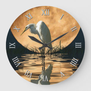 Weiße Egret & Vollmond Naturlandschaft Szene Große Wanduhr