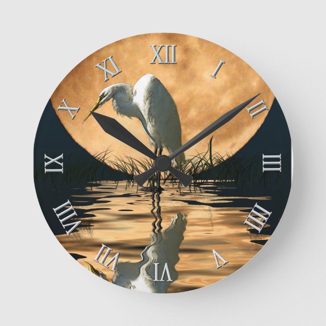 Weiße Egret & Vollmond Naturlandschaft Szene Runde Wanduhr (Vorderseite)