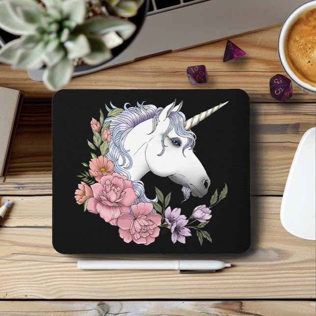 Weiße Einhorn-Blume Rosa Schwarz Mousepad (Von Creator hochgeladen)