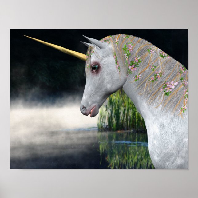 Weiße Einhorn in neugieriger Fantasie Pferdekunst Poster (Vorne)