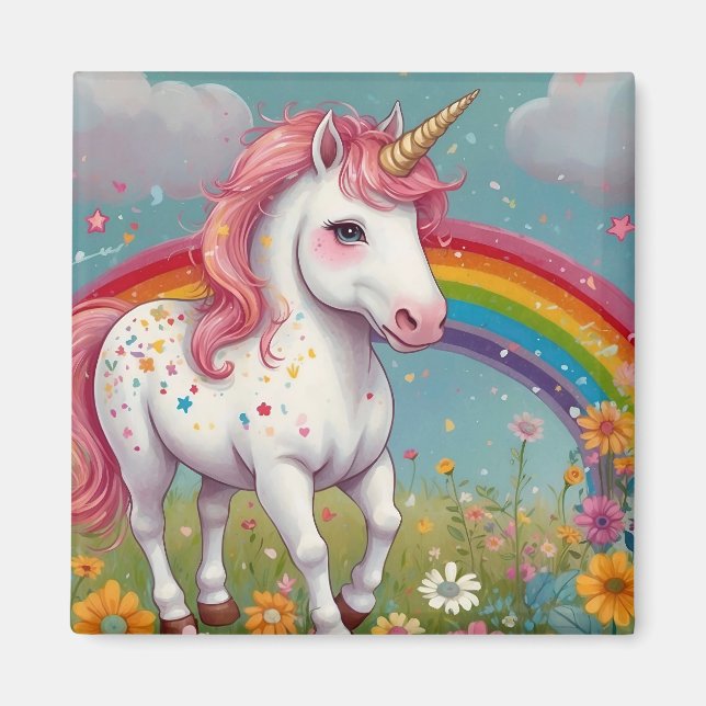 Weiße Einhorn in Regenbogen-Blumenwiese Magnet (Vorne)