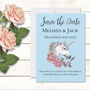 Weiße Einhorn-Pastell-Blumen-Fantasie-Hochzeit Save The Date