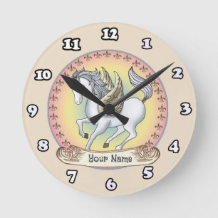 Weiße Einhorn Pegasus-Uhr Runde Wanduhr