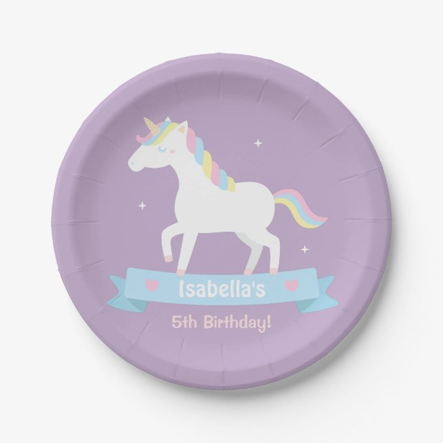 Weiße Einhornmädchen Geburtstag Lila Party Teller (Vorderseite)