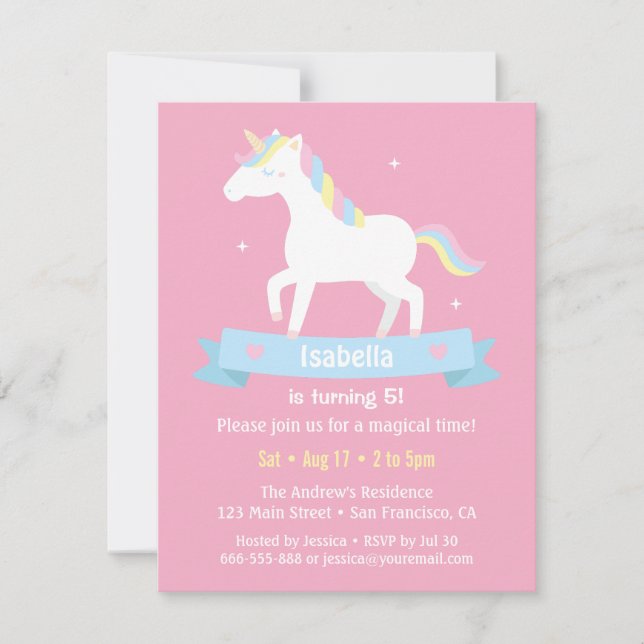 Weiße Einhornmädchen Rosa Geburtstagsparty Einladung (Vorderseite)