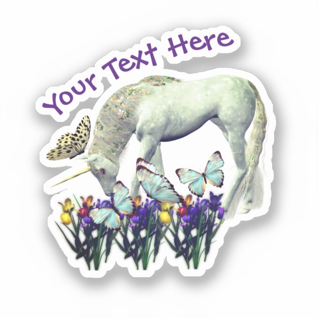 Weiße Einhornschmetterlinge Blume Personalisiert Aufkleber (Vorderseite)