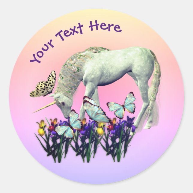 Weiße Einhornschmetterlinge Blume Personalisiert Runder Aufkleber (Vorderseite)