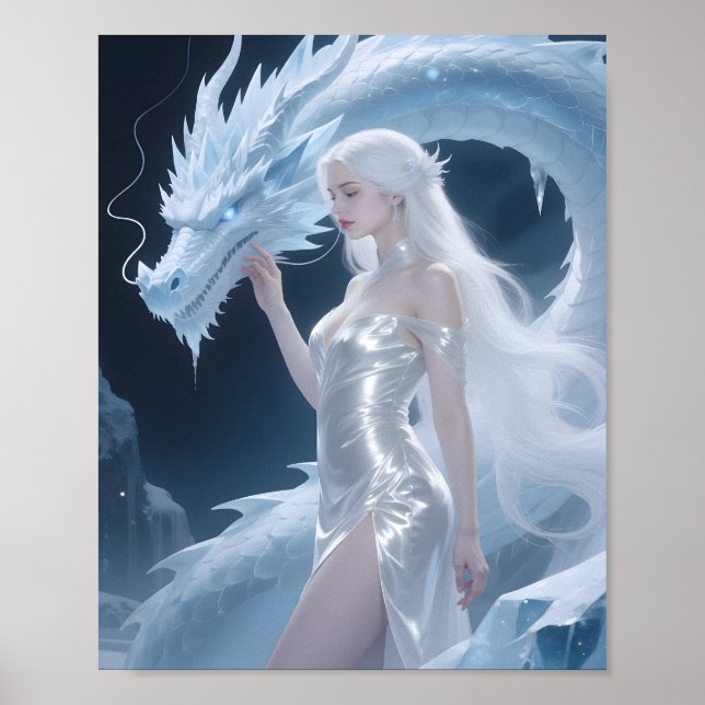Weiße Eisdrachenkönigin Fantasy Silberblau Poster (Vorne)