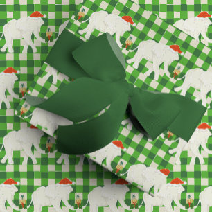 Weiße Elefanten-Weihnachtsfeier mit grünem Karomus Geschenkpapier
