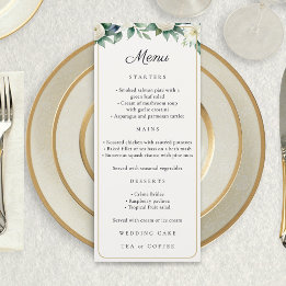 Weiße elegante botanische Aquarell-Hochzeit im Blu Menükarte