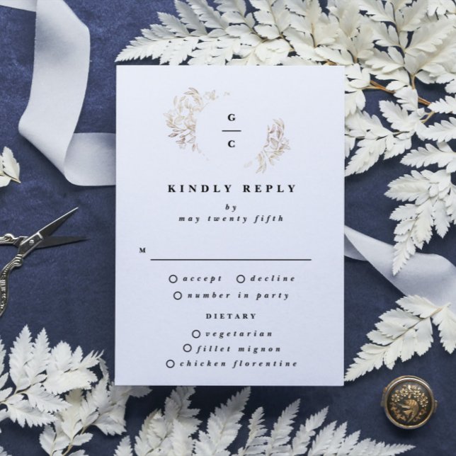 Weiße, elegante Botanische Monogramm-Hochzeit RSVP Karte (Von Creator hochgeladen)