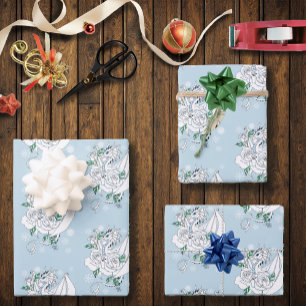 Weiße elegante Eisdrache blaue Rosen Fantasy Geschenkpapier Set