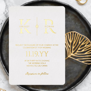 Weiße elegante Flare-Monogramm-Hochzeit Folieneinladung