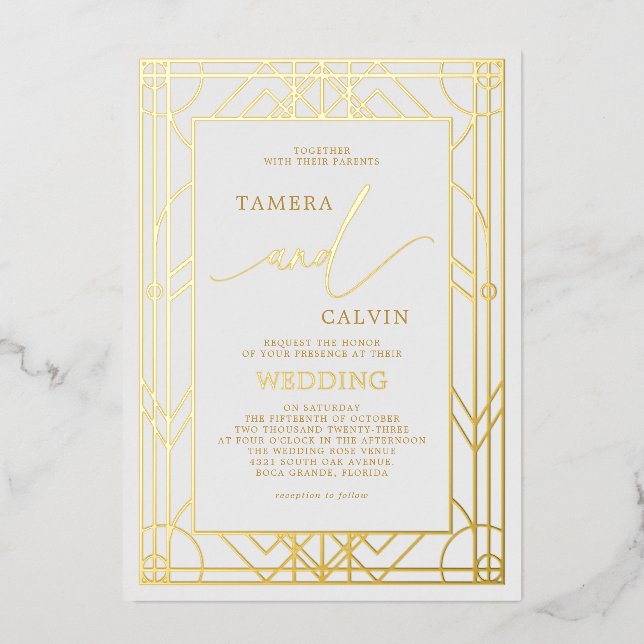 Weiße, elegante goldfarbene Rahmen-Hochzeit Folieneinladung (Vorderseite)