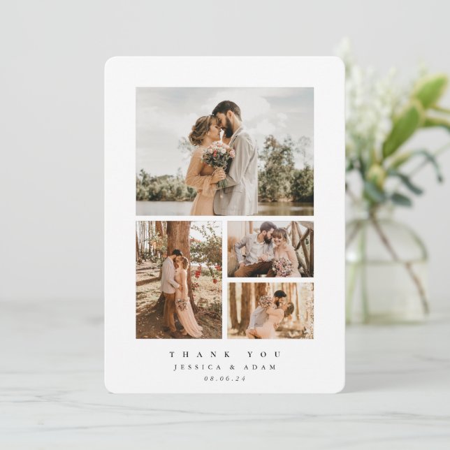 Weiße Elegante Minimal 4 Foto Hochzeitswohnung Dankeskarte (Stehend Vorderseite)