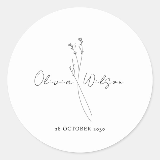 Weiße Elegante Minimalistische Botanik Runder Aufkleber (Vorderseite)