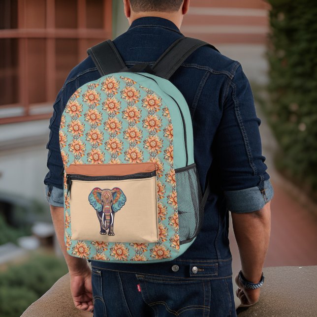 Weiße Elephant Türkis Dark Peach Floral Monogram Bedruckter Rucksack (Von Creator hochgeladen)