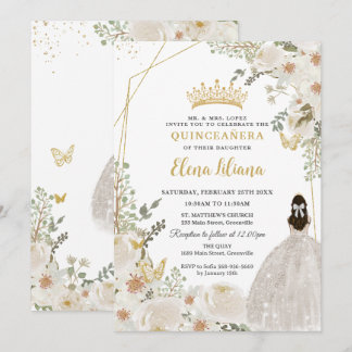 Weiße Elfenbein Blumen Prinzessin Gold Quinceanera Einladung
