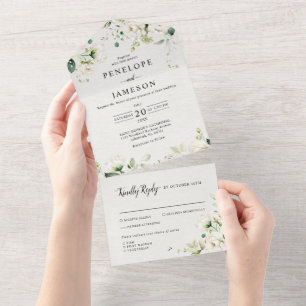 Weiße Elfenbein-Rose Botanische Hochzeit mit Blume All In One Einladung