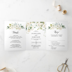 Weiße Elfenbeincreme-Rose Botanische Hochzeit flor Dreifach-gefaltete Programmkarte